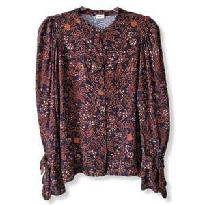 WARM Women Brown Black Puff Sleeve Floral Blouse Top M Cottage Country Boho NEW